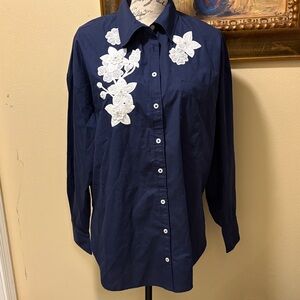 Anthropologie Maeve Navy Button Down One pocket HiLoShirt with Jewel Appliqués
